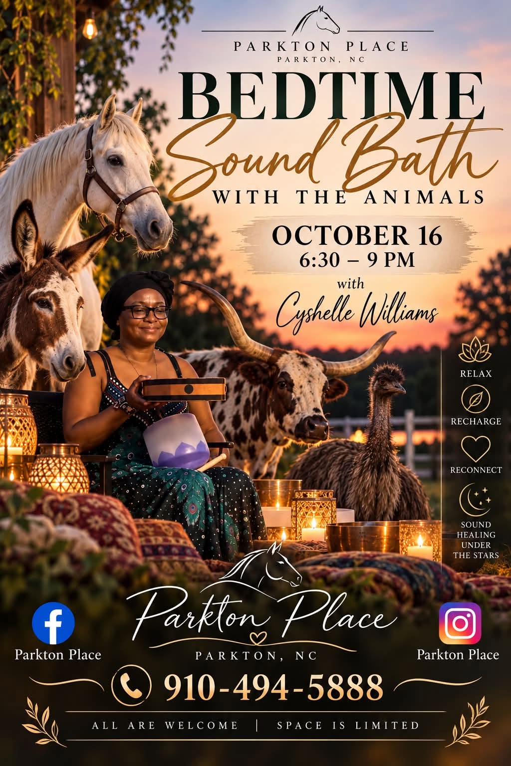 Bedtime Sound Bath with the Animals at Parkton Place, October 16, 6:30 to 9 PM, with Cyshelle Williams