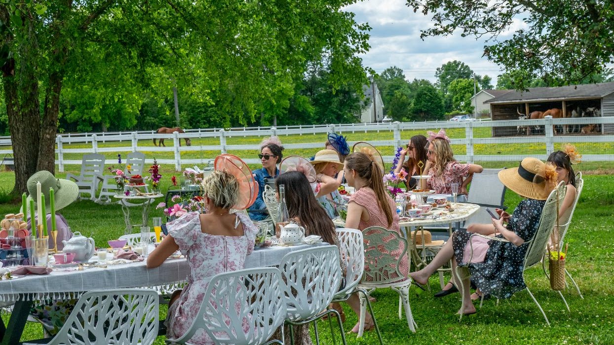 Outdoor tea party with horses grazing in the pasture at Parkton Place
